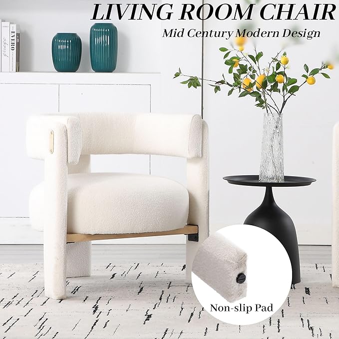 Wahson Modern Barrel Accent Chairs Set of 2 | Boucle Upholstered Armchair Single Sofa Chair Side Chair Reading Chair Living Room Chair | Three Legs White Sherpa