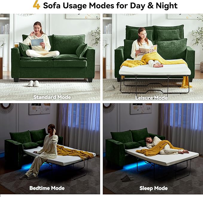 Brelice Pull Out Sofa Bed Sleeper Sofa Couch 2-in-1 Convertible Chenille Loveseat with USB Charging Ports and Memory Foam Mattress Full Size Pullout Bed for Living Room Apartment or Office
