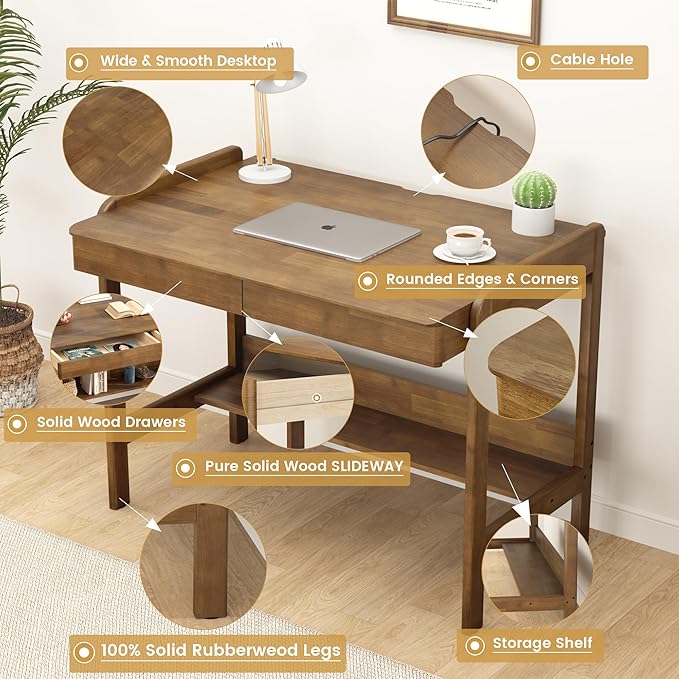 Solid Wooden Desk with Drawers &amp Shelf - 40 x 24 Inch Vintage Writing Desk with Drawers Mid Century Modern Desks Adjustable Height Study Table Home Office Computer Desks for Any Room