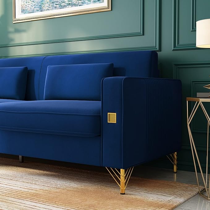 85 Velvet SofaMid-Century Modern Chesterfield 3 Seat Comfy Couch with Pillows Set of 2 for Living RoomBedroomApartment Furniture with Gold Metal Legs (P18-Blue)