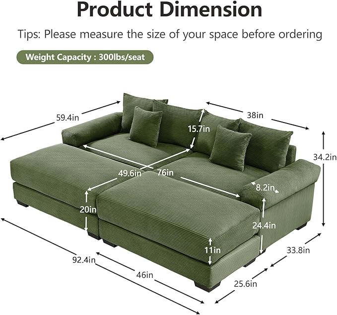 92.4 Oversized Modular Sectional Sofa Corduroy Large Sectional Couches for Living Room Love Seat Couches with 2 Movable Ottomans Modern Deep Seat Sofa Set U Shaped Green