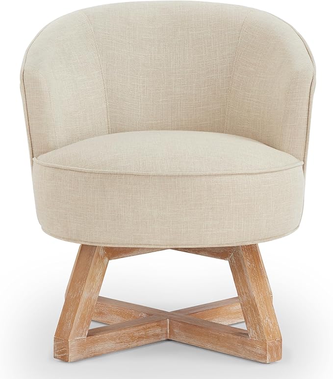 Ball &amp Cast Classic Swivel Chair with Cross-Shaped Wooden BaseLinen Upholstered Accent Chairs360 Degree Comfy Lounge Chair W/Solid Wood LegsSingle Sofa Seatingfor Living RoomOfficeDresserBe