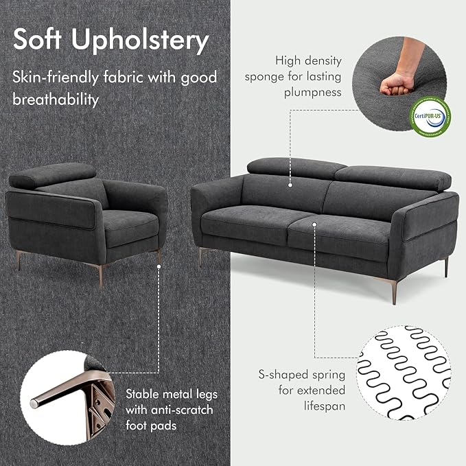 Giantex Sofa Couch and Accent Chairs Set Adjustable Headrest Comfortable Upholstery Cushion Easy Assembly 2-Seat Loveseat and Single Sofa for Living Room Reception Room Apartment Gray
