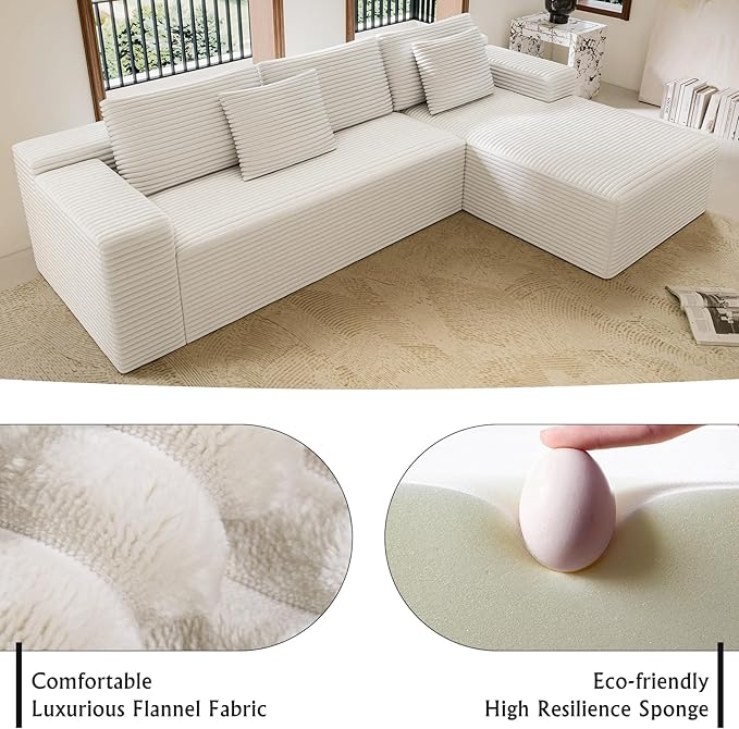 White sectional couches for Living Room Corduroy Couch104 Cloud Sectional Couch with L-Shape Chaise Modern Modular Sofa Deep Seat Comfort No Assembly Required(Plush Corduroy Fabric)