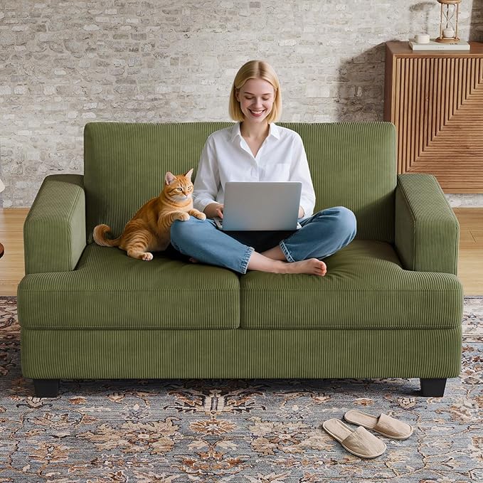 63 Inch Sofa with Extra Deep Seats Oversize Corduroy Fabric 2 Seater Sofa for Living RoomModern Couch and Loveseat Comfy Armrests and Seats and Backrests Easy Installation Green