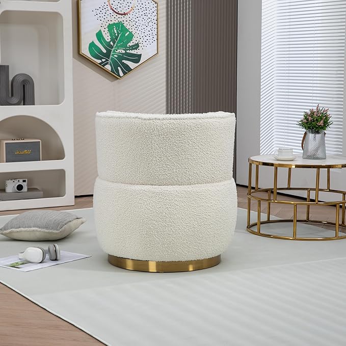 SLEERWAY 360° Swivel Barrel Chair Set of 2 Modern Teddy Round Accent Chair Comfy Upholstered Small Armchair with Gold Metal Base for Living Room Bedroom Nursery Sillas para Sala Cream White