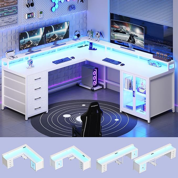 SEDETA L Shaped Gaming Desk with 4 Drawers 109” Computer Desk with Display Cabinet Home Office Desks with 2 Monitor Stands CPU Stand LED Lights and Power Outlet White