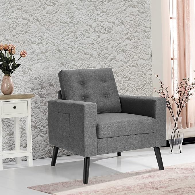 Giantex Modern Accent Chair Upholstered Living Room Chair Button Tufted Single Sofa Couch Bedroom Reading Guest Room Patented Linen Fabric Armchairs with Side Pockets and Wood Legs Gray