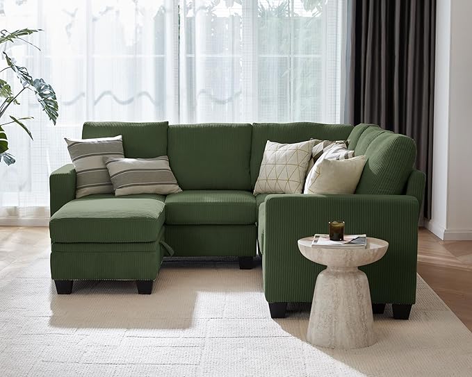 CHIC HOUSE Modular Sectional Couch| Corduroy L Shaped Sleeper Sofa U-Shape Sofa Bed Convertible Chaise with Storage Ottoman for Living Room Modern Furniture (Green 6 Seater L-Shaped)