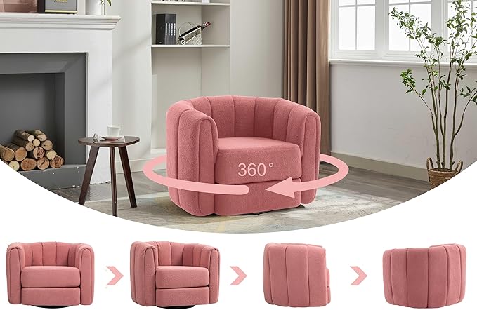 Swivel Accent Chairs Set of 2 for Living Room Teddy Fabric 360 Degree Round Swivel Barrel Armchair Pumpkin Shaped Single Club Sofa Recliner Chairs for Home Bedroom Apartment Office (Pink)