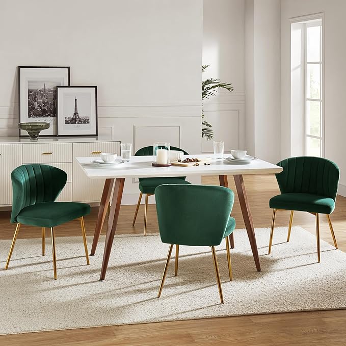 HULALA HOME Velvet Dining Chairs Modern Small Armless Accent Chair with Gold Metal Legs Living Room Upholstered Cute Side Chair Elegant Tufted Back Vanity Chair for Bedroom/Beauty Room-Green