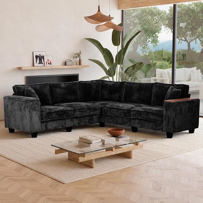 97 Inches Corduroy Couch with 2 Pillows Deep Seat Sectional Sofa Armrests with Two Hidden Storage Space Corner Couch Oversized L Shaped Cloud Couches for Living Room Black