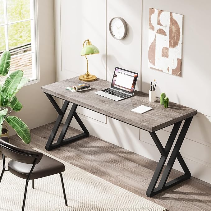 Tribesigns Writing Computer Desk 55 inch Heavy Duty Study Desk with Z-Shaped Metal Leg Modern Simple Home Office Computer Desk Grey