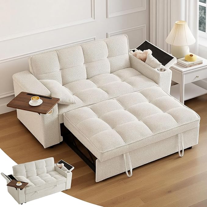 65'' 3-in-1 Sleeper Sofa Bed Convertible Loveseat with Pull-Out Couch USB &amp Type-C Ports Side Table Adjustable Backrest &amp Boucle Fabric Upholstery for Living Room &amp Office White