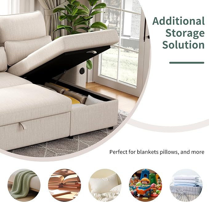 Sectional Sleeper Sofa with Pull Out Couch Bed with Storage Chaise for Living Room Comfy Linen Modular Sectional Sofa with Dual USB &amp Type-C Cup Holders (Beige 81 Inches)