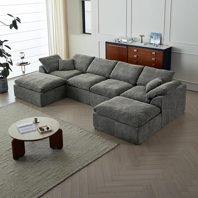 138 Cloud Sectional Couches for Living Room Convertible U-Shape Boneless Couch with Ottoman 6-Seater Compressed Sofa Modular Sectional Sofa (6-Seater Grey)