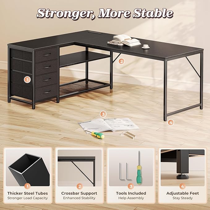 PRAISUN 61 L Shaped Desk with Power Outlets and USB-C Port Reversible Computer Corner Office Desk with 4 Fabric Drawers and 2 Height-Adjustable Shelves Large for Gaming Writing Work StudyBlack