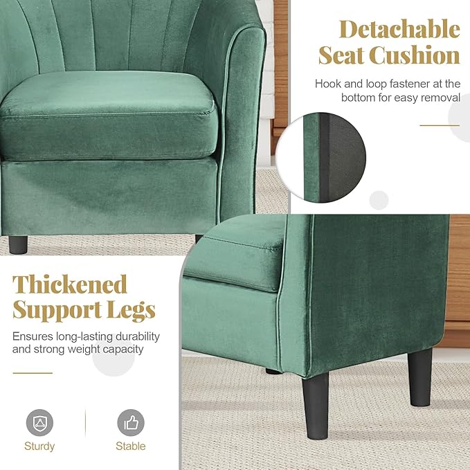 GOFLAME Accent Chair with Ottoman Modern Velvet Fabric Barrel Chair with Footrest Curved Backrest Removable Seat Cushion Upholstered Club Tub Sofa Reading Armchair for Living Room Bedroom Green