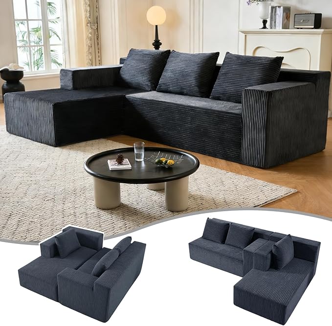 103” Modular Sectional Sofa L-Shaped Cloud Couch Boneless Comfy Corduroy Sofa with Deep Seat Modern Minimalist Upholstered Couches No Assembly Required for Living Room Bedroom Dark Grey | Friendly