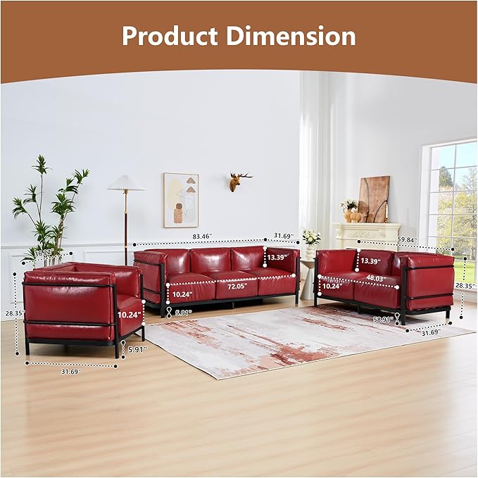 2 Piece Living Room Sofa set Mid-Century Modern Upholstered Couch Chair Faux Leather Sofa Couch with Iron Frame and Upholstered Armrest Backrest Cushion for Living Room Office Apartment (Burgundy)