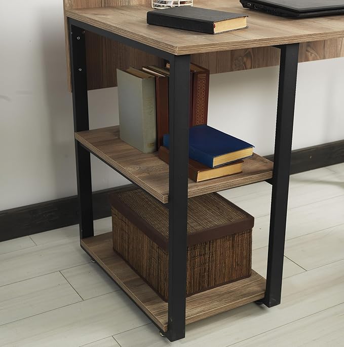 Penau Black Metal Frame Writing and Computer Desk 58In Solid Wood Top with 2 Shelves Home Office Furniture Oak Finish 24In Depth 32In Height 45Lbs Weight