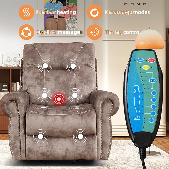 CANMOV Power Lift Recliner Chair with Massage and Heat Soft Fabric Massage Recliner for Elderly Overstuffed Single Reclining Sofa Vintage Rivet Mid-Century Design for Living Room Brown