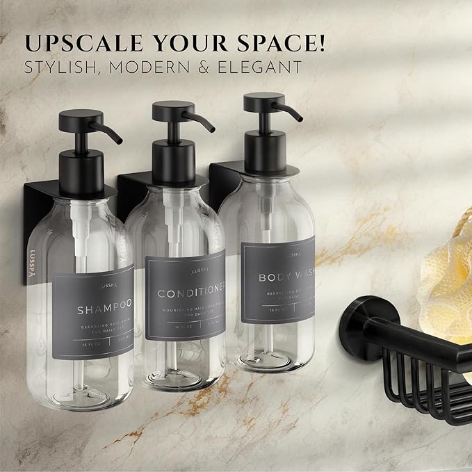Shower Shampoo Dispenser Wall Mounted – 3 Refillable 16.9 oz Clear Bottles with Stainless Steel Pumps &amp No-Drill Adhesive Holders – Soap Dispenser Set for Bathroom (3 X Clear/Black)