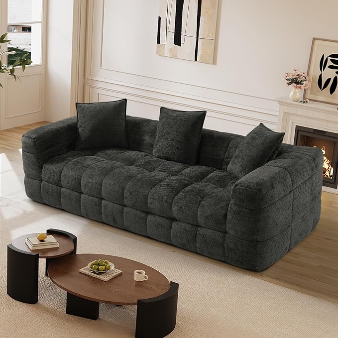 89.8 Chenille Cloud Sofa Couch with 3 Soft PillowsComfy Upholstered Chenille 3 Seater LoveSeat SofaModern Deep Seat Sherpa Cloud Couch Oversized Love Seat for Living RoomBlack Grey
