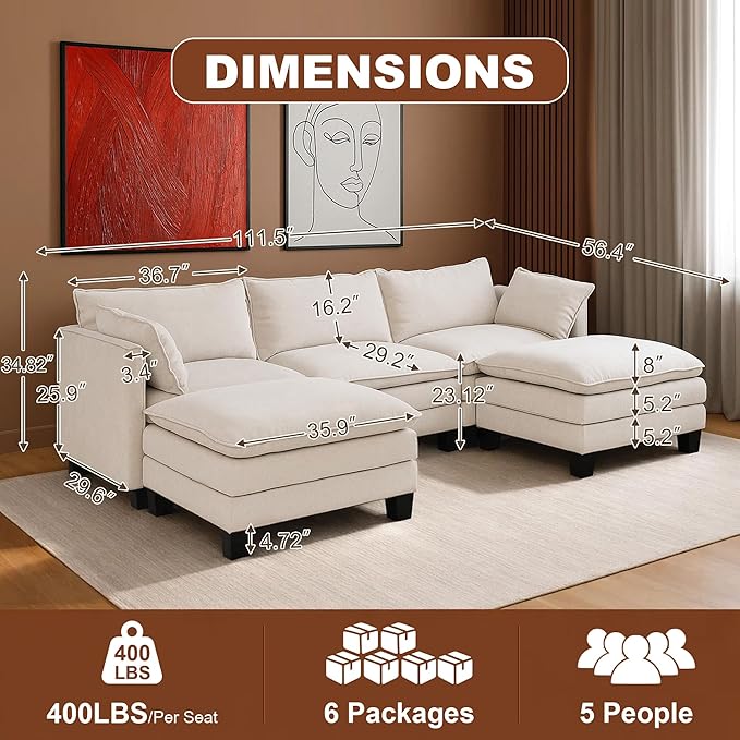 111” Modular Sectional Sofa L Shaped Cloud Couch with Ottoman Chenille Deep Seat Sofa with Pillow for Living Room Bedroom and Apartment5 Seats Beige