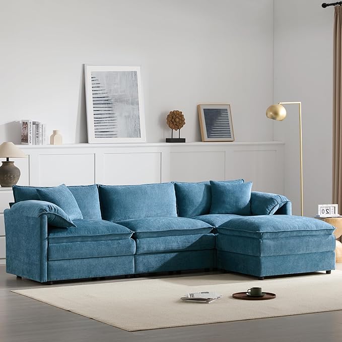 roomfitters 103 Chenille Sectional Sofa L Shaped Cloud Couch with Deep Wide Seat 4 Seat Sofa with Ottoman Blue