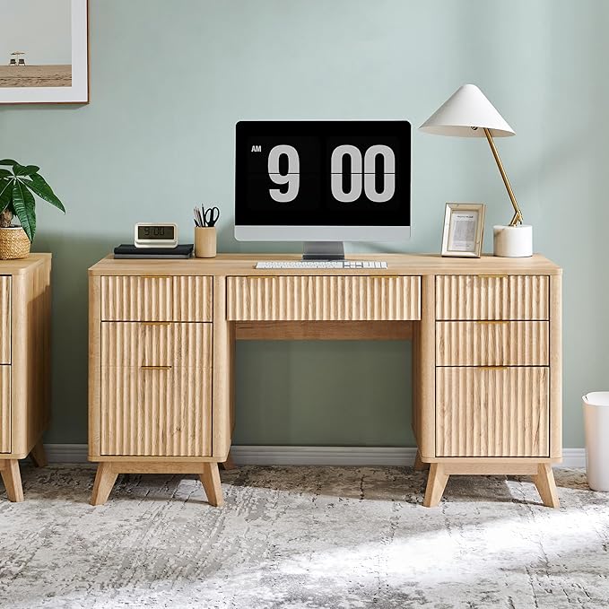 T4TREAM Fluted Executive Desk with Drawers 60 Modern Home Office Computer Desk with Charging Station File Cabinet Keyboard Tray and Storage Cabinet for Study Living Room Bedroom Natural Oak