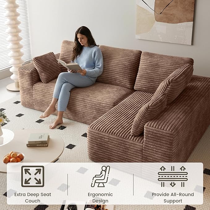 L Shaped Cloud Sectional Sofa Boneless Couch Sectional Couches for Living Room Modern Cozy Corduroy Deep Seat Sleeper Sofa No Assembly Required (Right Facing Chaise Brown)