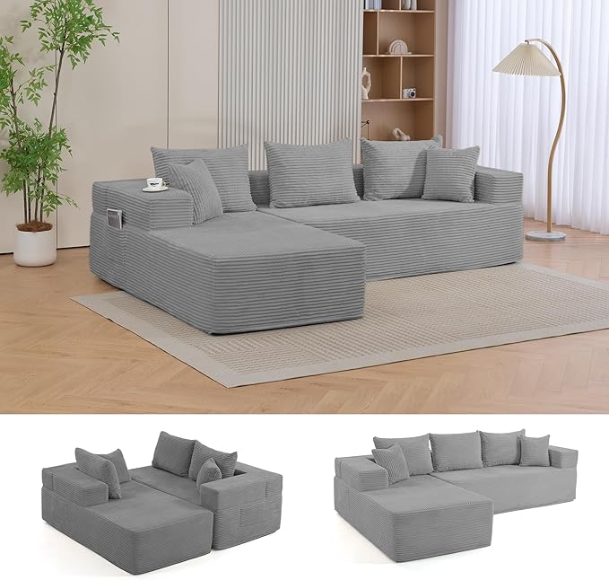 105'' Cloud Sectional Couch Modular L-Shaped Boneless Sectional Sofa Corduroy Deep Seat Couch Small Space Sofas for Living Room Bedroom Apartment No Assembly Grey