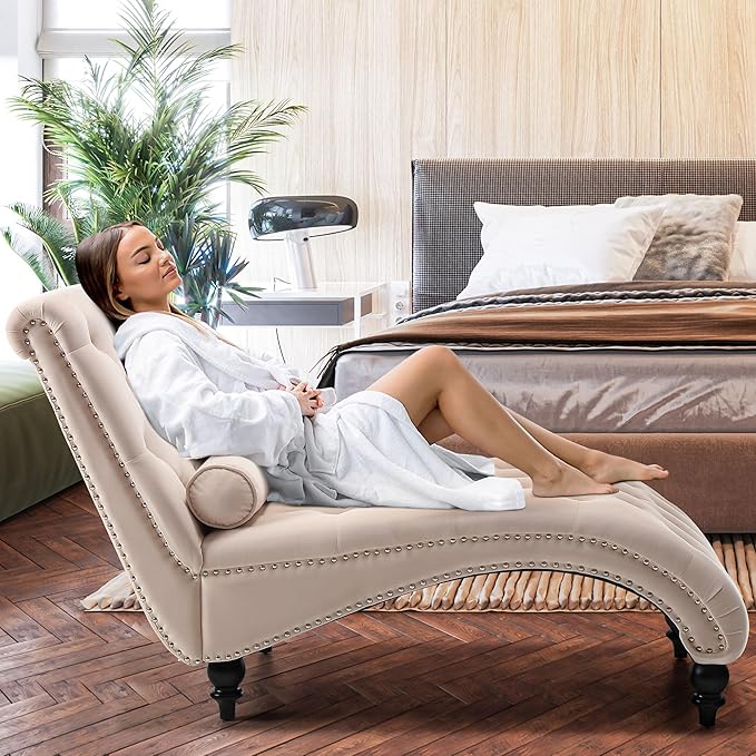 SLEERWAY Chaise Lounge Chair Indoor Modern Velvet Upholstered Sofa with Solid Wooden Leg and Lumbar Pillow Button Tufted Sleeper Chaise Lounge Chairs for Bedroom Living Room Office Beige