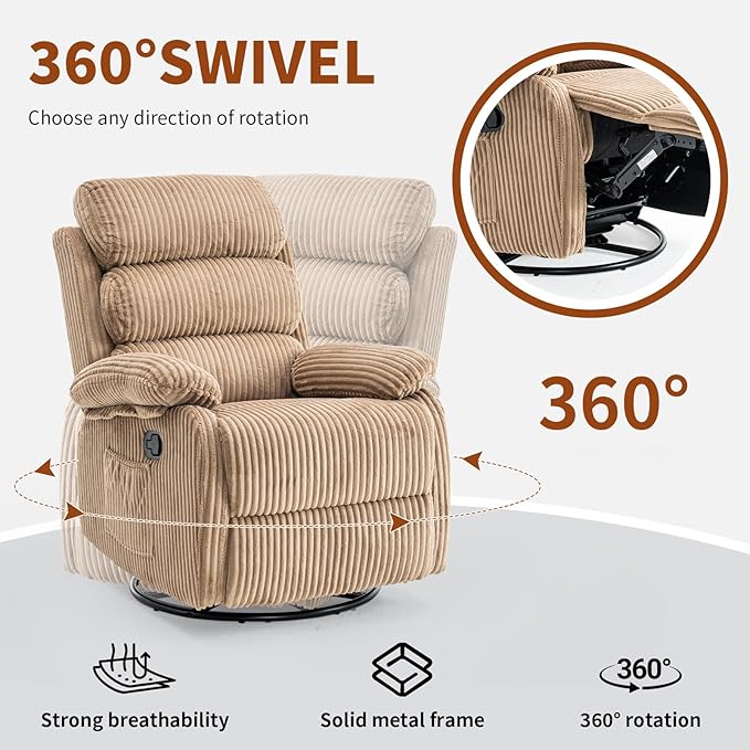 Velvet Upholstered Glider Recliner Chair – 360° Swivel Rocker Chair for Adults Small Rocking Chair for Small Spaces Soft Fabric Recliner Chair with Side Pockets Comfortable Nursery ChairBrwon