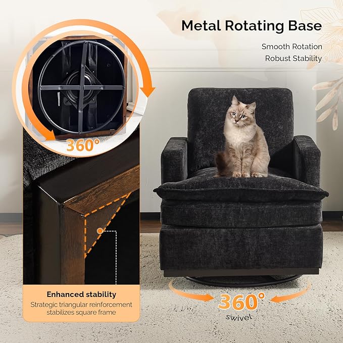 VINGLI Mid-Century Modern Single Swivel Armchairs Set of 2 360° Swivel Double-Layer Seat Cushions Upholstered Square Club Chair for Living Room Bedroom Reading RoomChenille Black