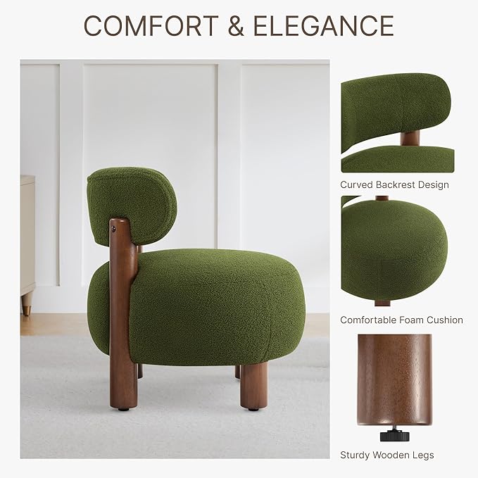 Modern Boucle Accent Chair Set of 2 with Plush Faux Sherpa Upholstery Curved Backrest Solid Wood Legs for Living Room Bedroom Reading Nook 27.5 Green