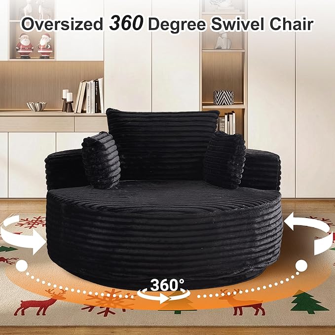 55 Oversized 360 Degree Swivel Chair Modern Round Chair Lounge Upholstered Corduroy Swivel Accent Chair with Deep Seat Comfy Fluffy Sleeper Sofa for Living Room Bedroom Apartment (Black)