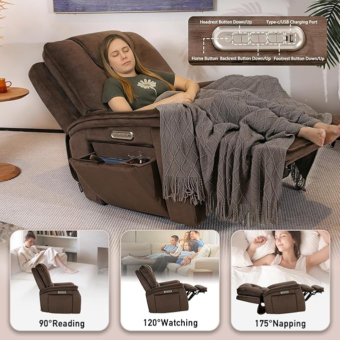 EONIX Triple Motor Lay Flat Zero Gravity Power Recliner Chair with Heat and Massage Independent Adjustable Backrest Footrest Headrest 400lbs Heavy Duty Medium Size Stylish Chenille Dark Brown