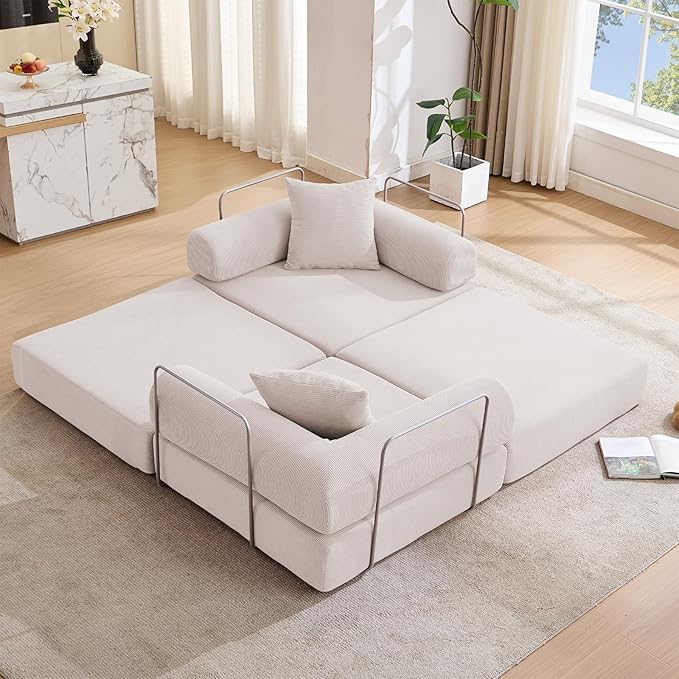 Convertible Modular Couch Sofa Bed 4 in 1 Sleeper Floor Sofa with Folding Mattress Corduroy Fold Out Boneless Couch Bed with 2 Pillows Comfy Foldable Lounge for Living Room Bedroom Beige