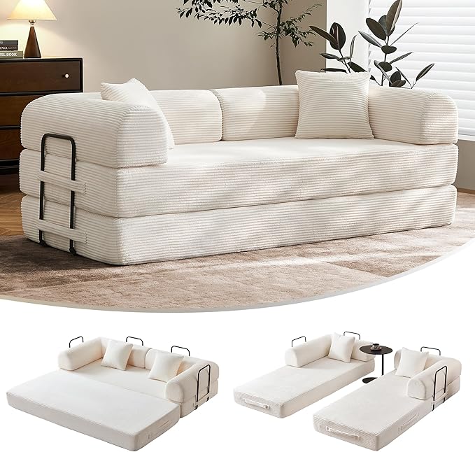 79 Corduroy Floor Sofa Bed Convertible Modular Sleeper Sofa Removable Parts Design Comfortable Seating and Sleeping for Family Use Relaxation Area (Beige White)