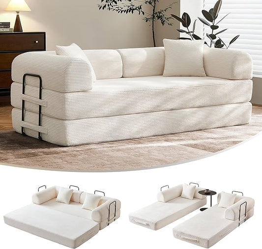 79 Corduroy Floor Sofa Bed Convertible Modular Sleeper Sofa Removable Parts Design Comfortable Seating and Sleeping for Family Use Relaxation Area (Beige White)