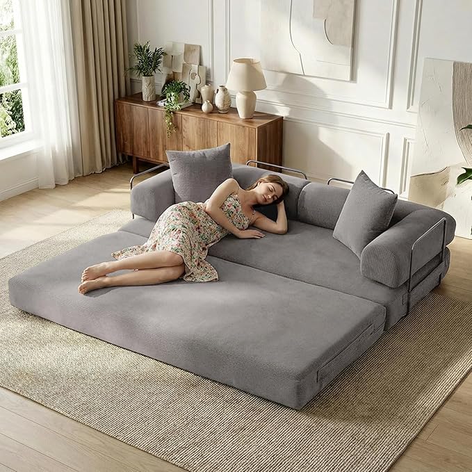 Convertible Folding Sofa Bed Modular Floor Sofa with Removable Backrest Corduroy Folding Mattress Couch with Fixed-Shape Frame for Living Room Bedroom Lounge (Grey)