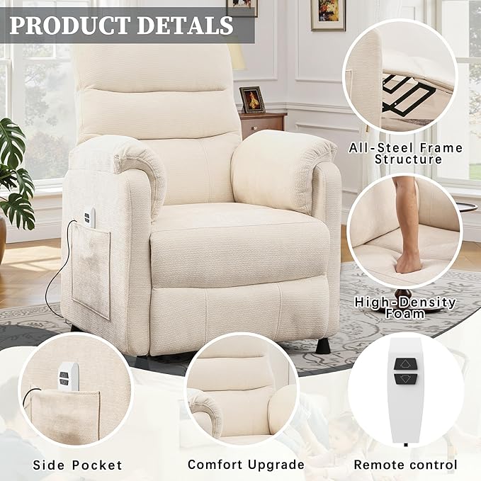 Electric Recliner Chair Power Recliner Sofa with Remote Adjustable Backrest and Side Pocket 7-Zone Support 350 LBS Soft Chenille Fabric Armchair for Living Room Bedroom Off White