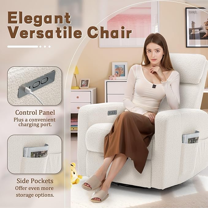 Power Swivel Recliner Chairs for Adults Electric Glider Rocking Chair Nursery Glider Recliner Nursery Chair with Classified Side Pocket Nursery Rocking Chairs with USB and Type-C Ports