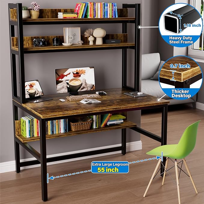 Aquzee Computer Desk with Hutch Bookshelves 55 Inch Home Office Writing Desk with Space Saving Design Gaming Table Organized Desk with Storage Shelves Bookshelf Easy Assemble Rustic Brown