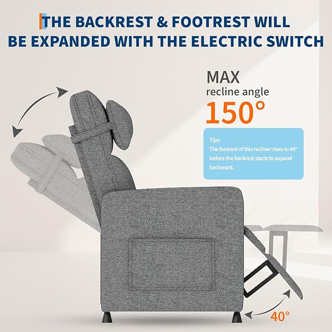 Power Recliner Chair Adjustable Electric Reclining Chair for Adults Overstuffed Tall Back Sofa with Padded Seat 2 Side Pockets &amp USB Port Home Theater Seating for Living Room - Gray