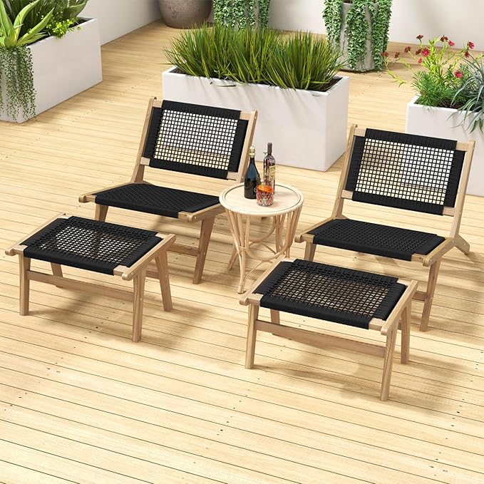Tangkula Mid Century Modern Accent Chair with Ottoman Farmhouse Handwoven Cordage Living Room Chair with Teak Wooden Frame for Indoor Outdoor Lazy Lounge Chair for Home Bedroom Office