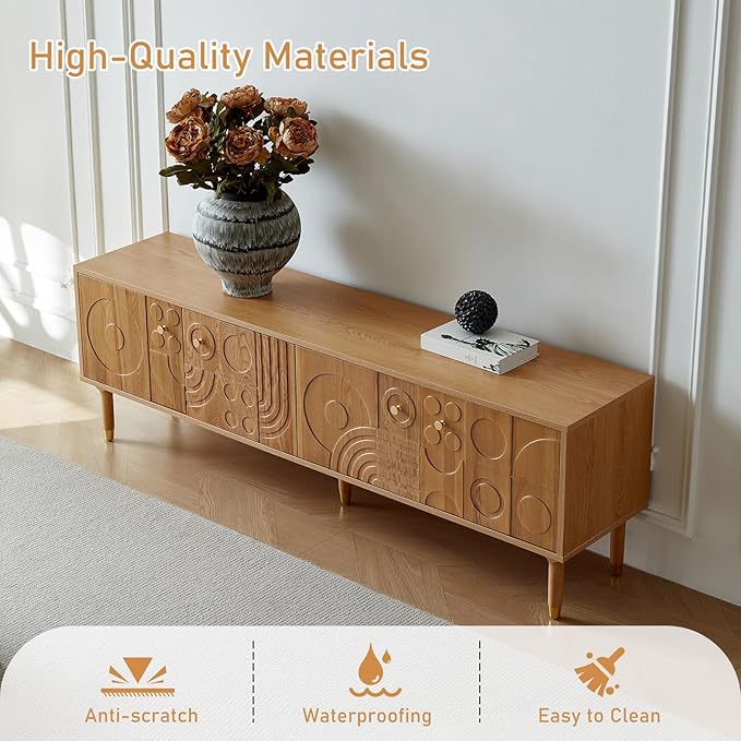 Modern TV Stand for 80 inch TV 70.9 Entertainment Center with Carved Geometric Doors TV Console with 4 Cabinet Storage Retro Art-Inspired Media Console for Living Room/Bedroom - Wood