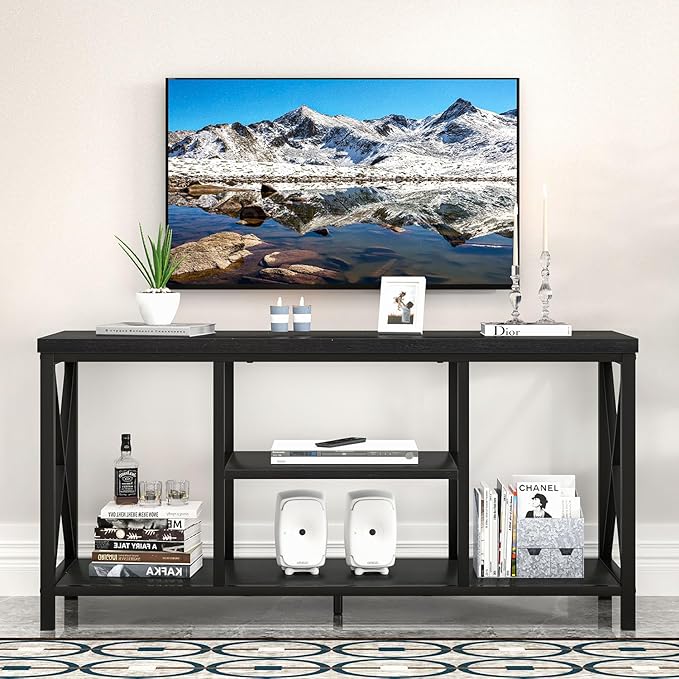 EXCEFUR Modern Entertainment Center for TVs up to 55 Inch Wood TV Stands with Storage Shelves Industrial Media TV Console Table for Bedroom Living Room 47 Inch Black Oak
